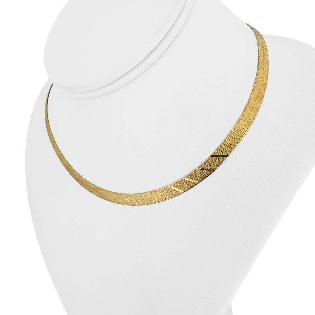 14k Yellow Gold 10g Textured Striped 5mm Herringbone Link Necklace Italy 16"