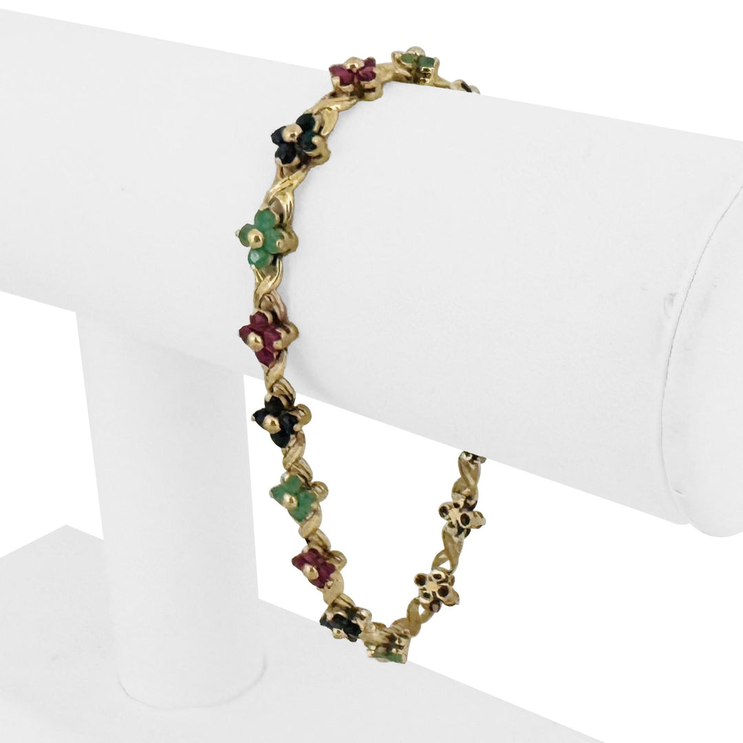14k Yellow Gold 11g Floral Multi Gemstone Link Bracelet 7.5"
