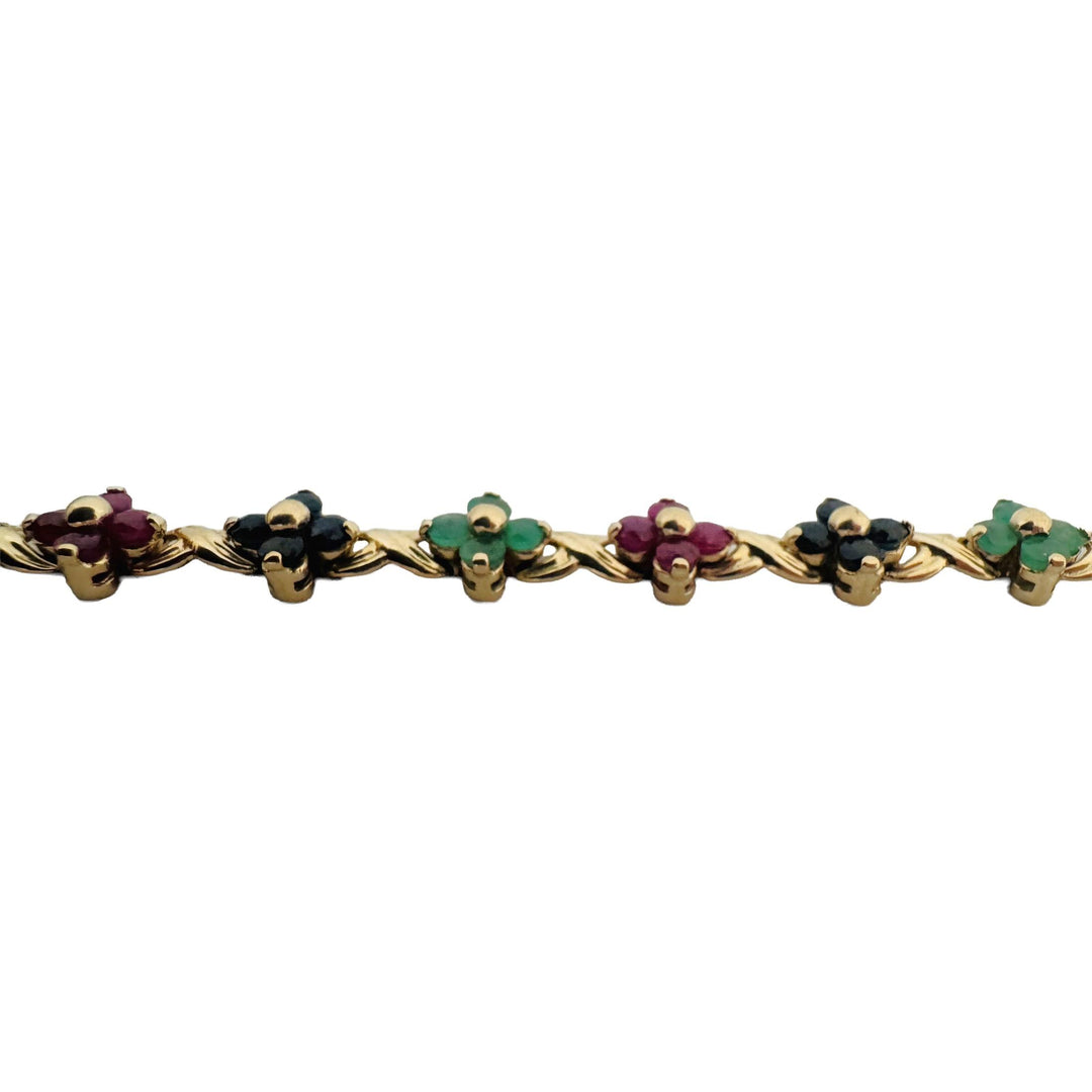 14k Yellow Gold 11g Floral Multi Gemstone Link Bracelet 7.5"