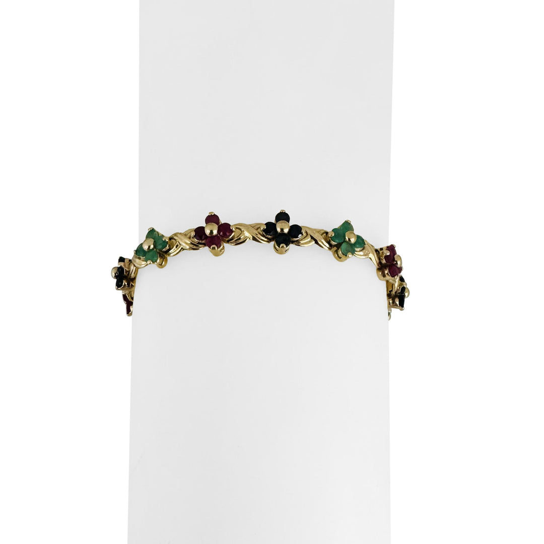 14k Yellow Gold 11g Floral Multi Gemstone Link Bracelet 7.5"