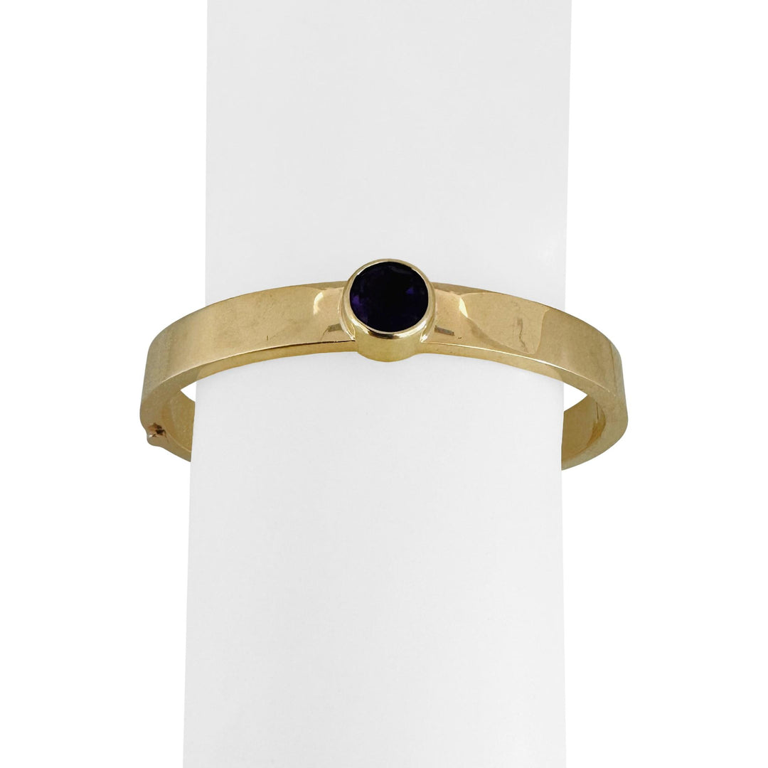14k Yellow Gold and Bezel Set Amethyst 18.2g Polished Bangle Bracelet 7"