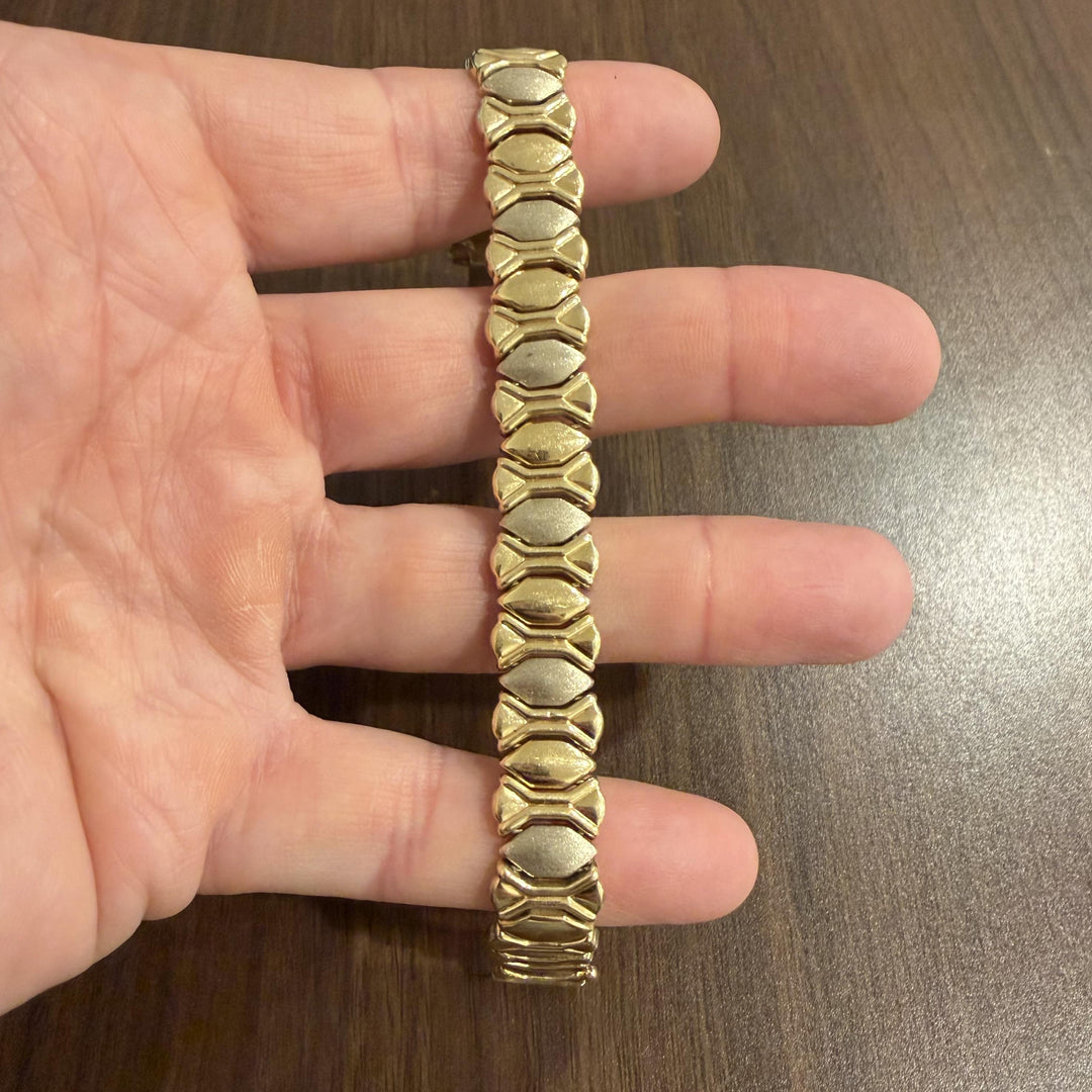 14k Yellow and White Gold 26.2g Two Tone 13mm Fancy Link Bracelet Italy 7.5"
