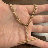 14k Yellow Gold 49g Vintage Solid Curb Link T Bar Dog Clip Watch Chain 13"