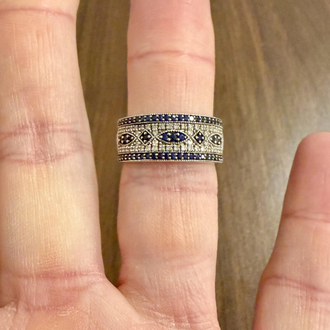 14k White Gold Blue Sapphire and Diamond Vintage Band Ring Size 8