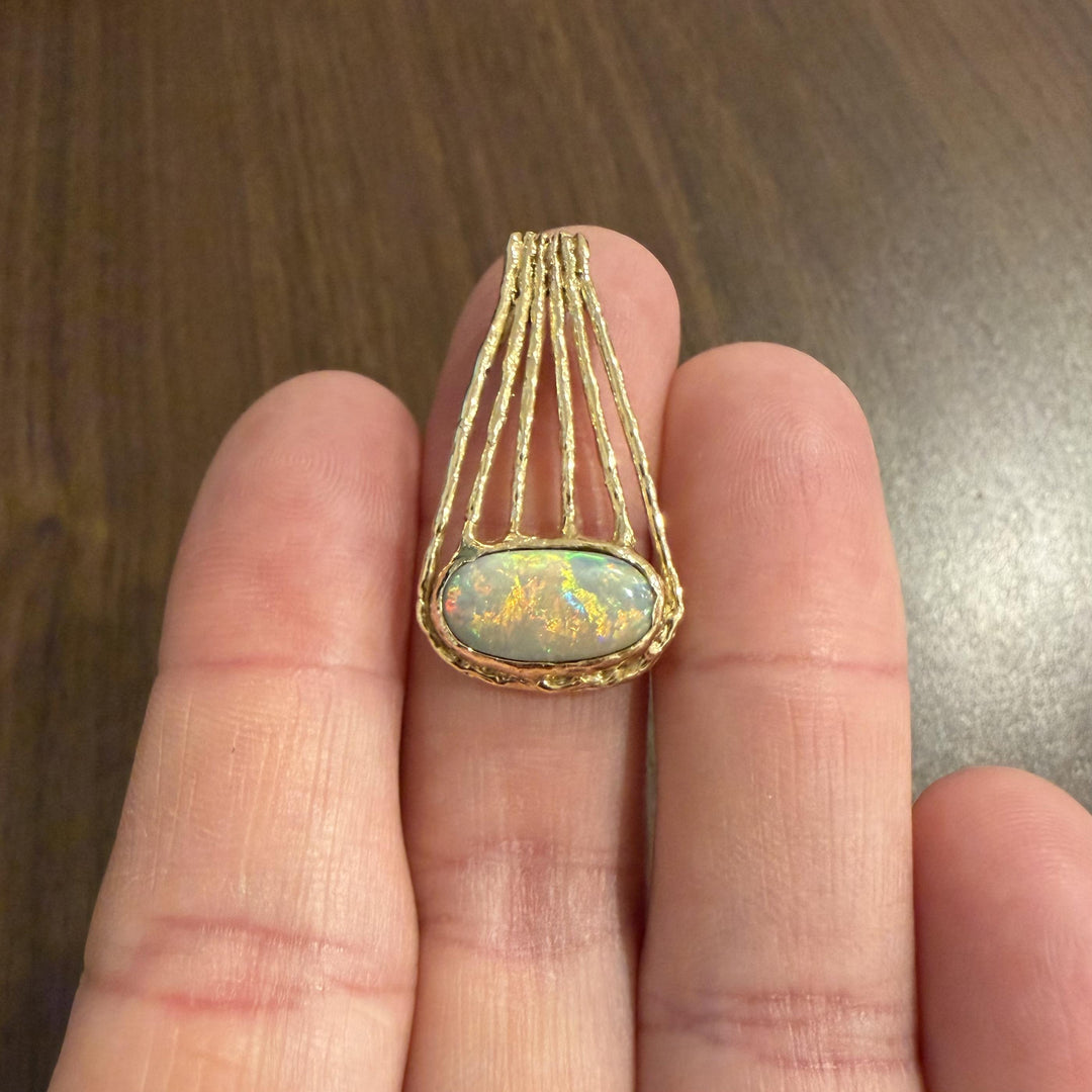 14k Yellow Gold and Opal Vintage Solid Handmade Pendant 1.4"