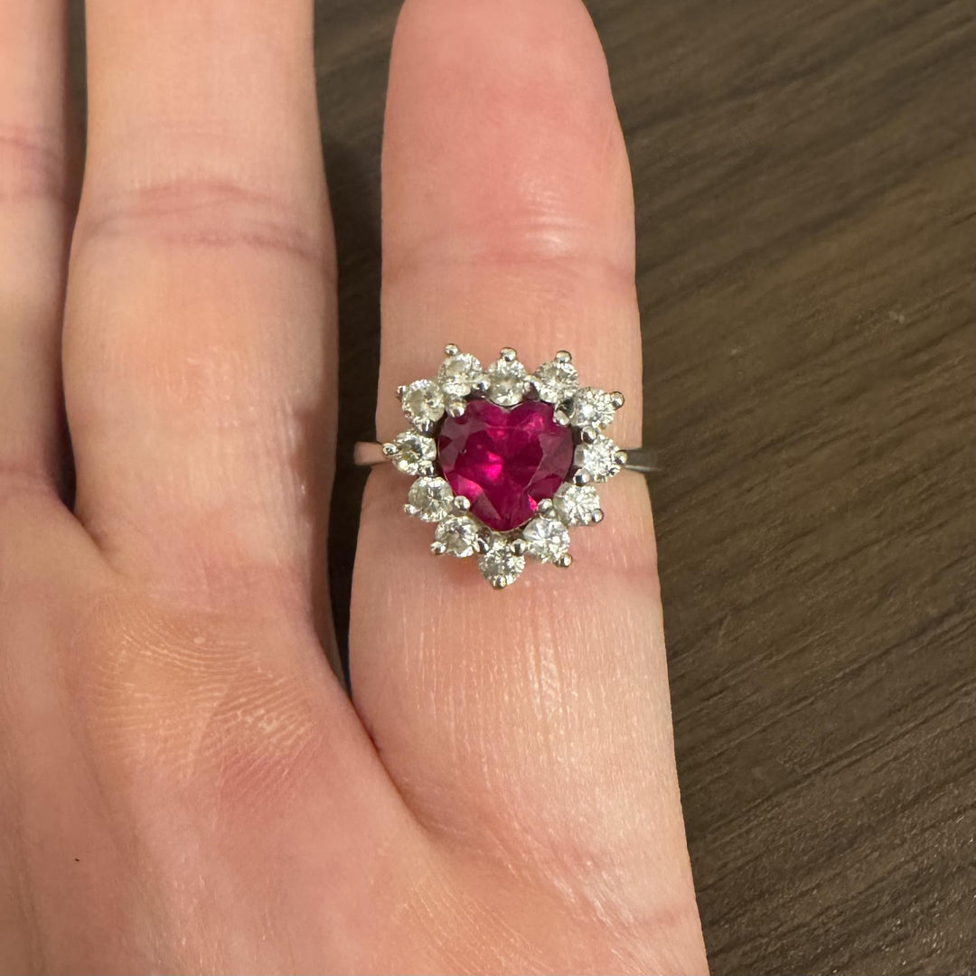 14k White Gold Heart Cut Ruby and 0.50cttw Diamond Halo Ring Size 6.25