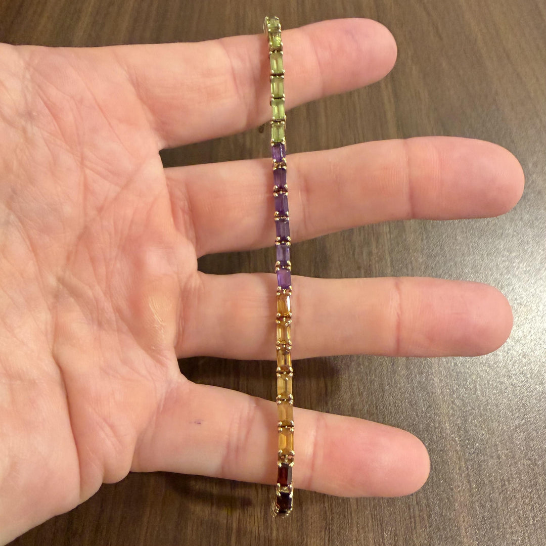 14k Yellow Gold 8.5g Emerald Cut Multi Gemstone Rainbow Link Bracelet 7"