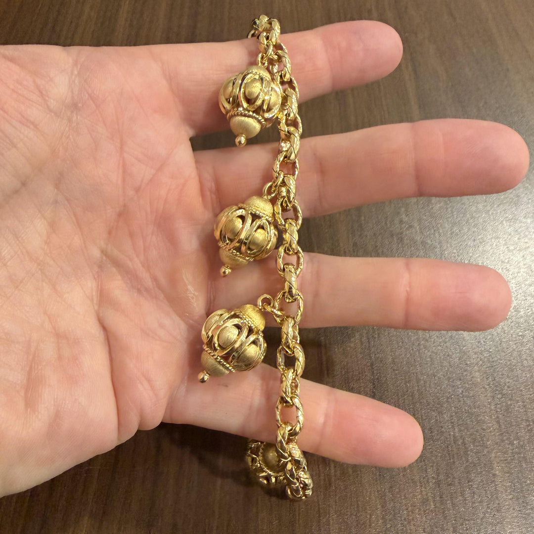 14k Yellow Gold 30g Ladies Vintage Cable Link Lantern Charm Bracelet Italy 7.25"