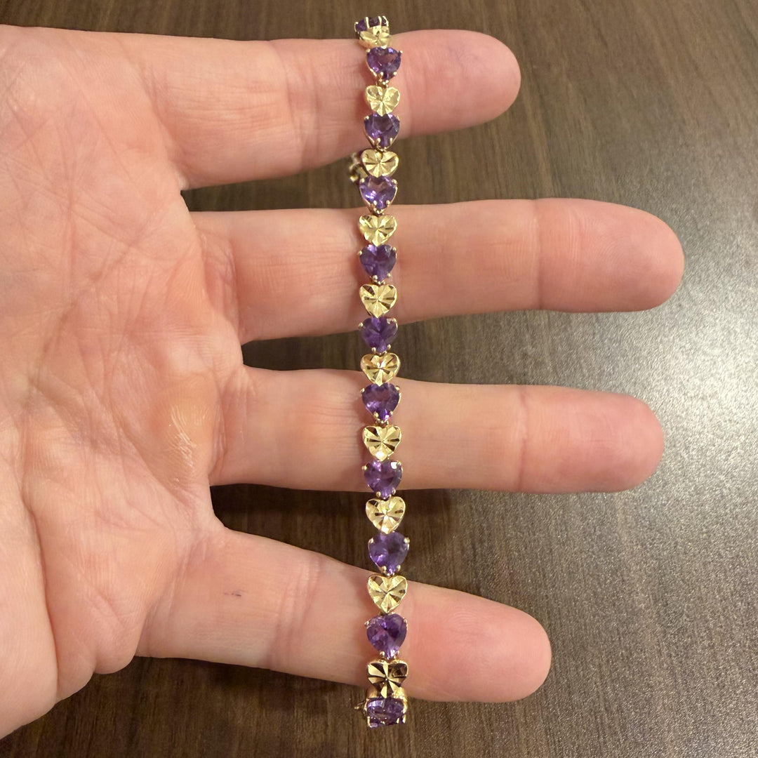 14k Yellow Gold 10.3g Heart Cut Amethyst 6.5mm Ladies Link Bracelet 7.25"