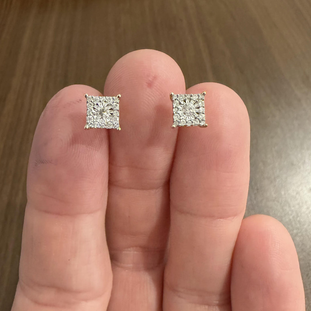 14k Yellow Gold and 0.50cttw Diamond Cluster Square Stud Earrings