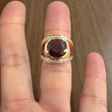 18k Yellow and White Gold Garnet and Diamond Fancy Two Band Ring Size 7