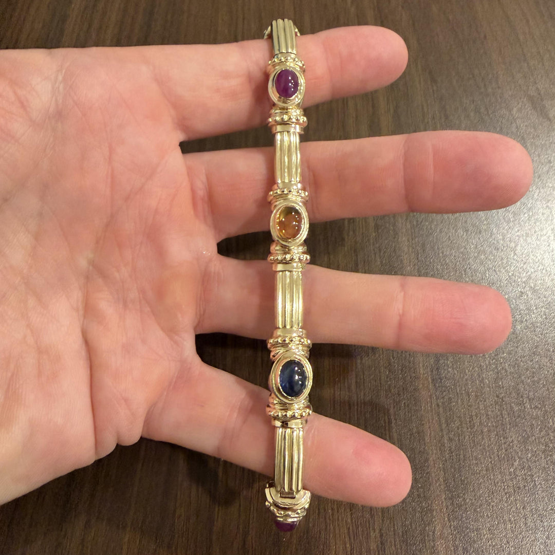 14k Yellow Gold and Bezel Set Multi Gemstone 34g Heavy Link Bracelet 7"