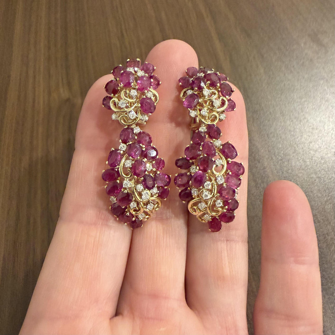 14k Yellow Gold 18cttw Ruby and 1cttw Diamond Large Heavy Drop Dangle Earrings