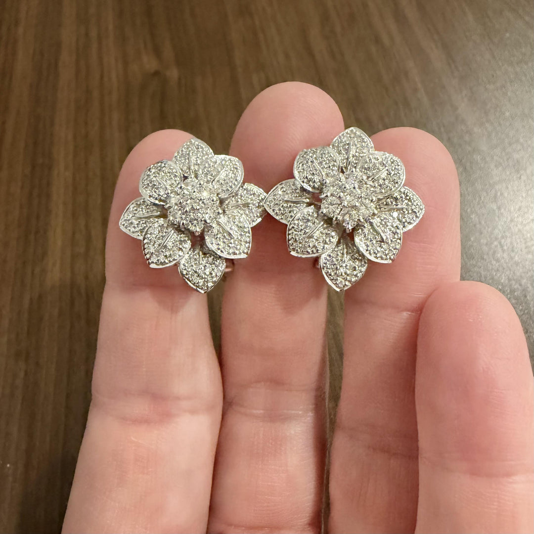 18k White Gold and 1.80cttw Diamond Heavy Floral Stud Earrings 1"