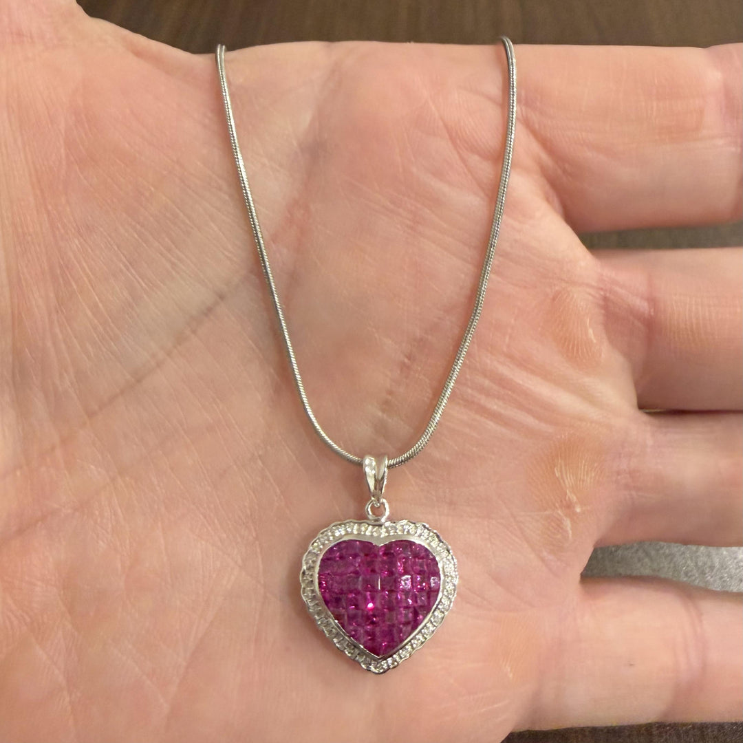 18k White Gold Ruby and Diamond Heart Pendant and 14k Snake Necklace 18"