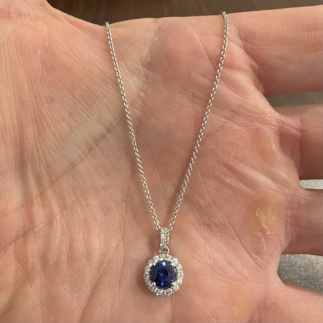 18k White Gold 0.97ct Sapphire and 0.30cttw Diamond Halo Pendant Necklace 16"