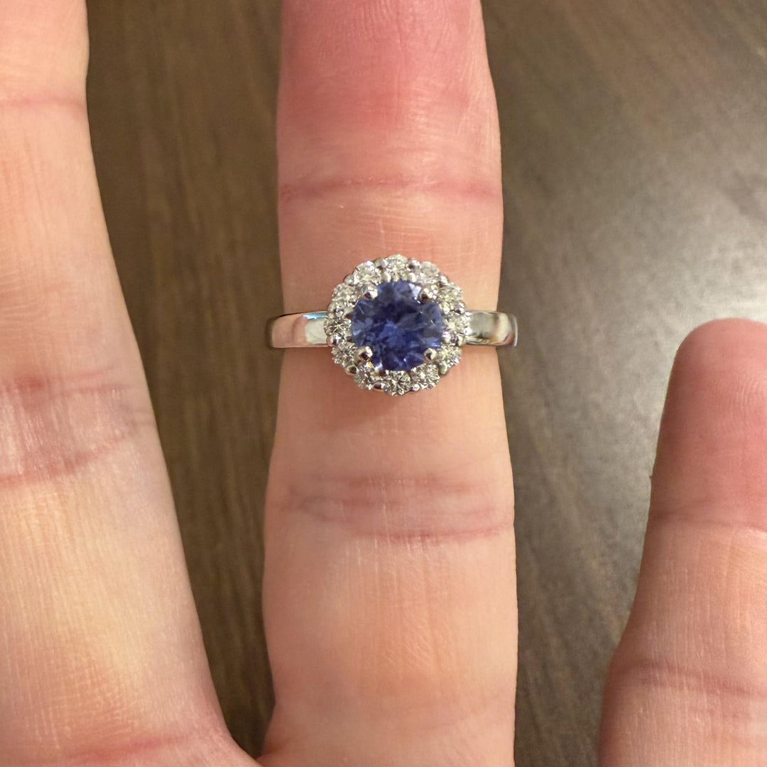 Platinum 0.68cttw Tanzanite and 0.25cttw Diamond Halo Ring Size 6.5