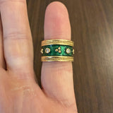 18k Yellow Gold Green Enamel and Diamond Vintage Solid Band Ring Size 6.5
