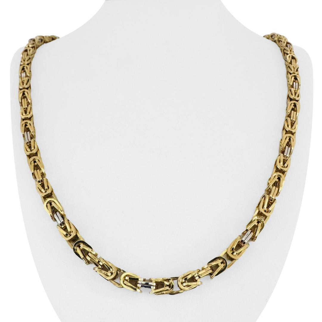 18k Yellow and White Gold 28.4g Hollow 6mm Squared Byzantine Link Necklace 26"