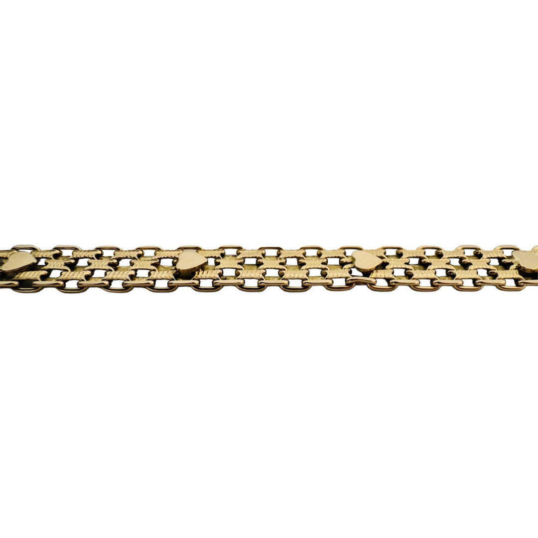 14k Yellow Gold 11.7g Vintage 7mm Heart Motif Bismark Link Bracelet Italy 7.25"