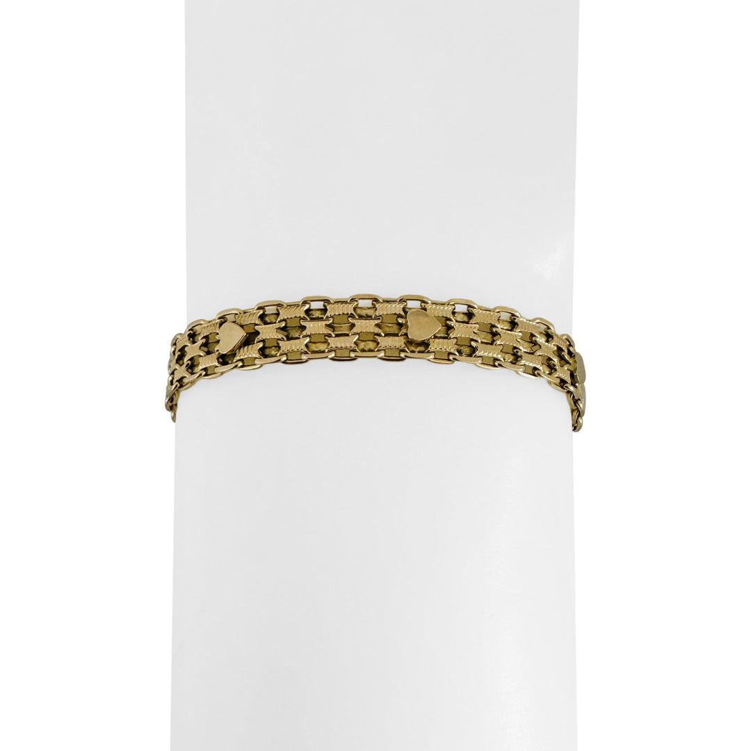 14k Yellow Gold 11.7g Vintage 7mm Heart Motif Bismark Link Bracelet Italy 7.25"