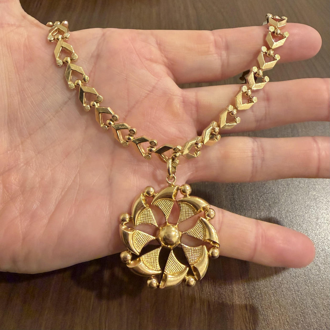 18k Yellow Gold 34.7g Vintage Heavy Fancy Link Large Pendant Necklace Italy 16"