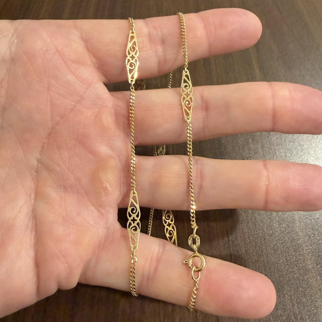 18k Yellow Gold 6.9g Vintage Solid Thin Curb Link Station Necklace Italy 20.5"