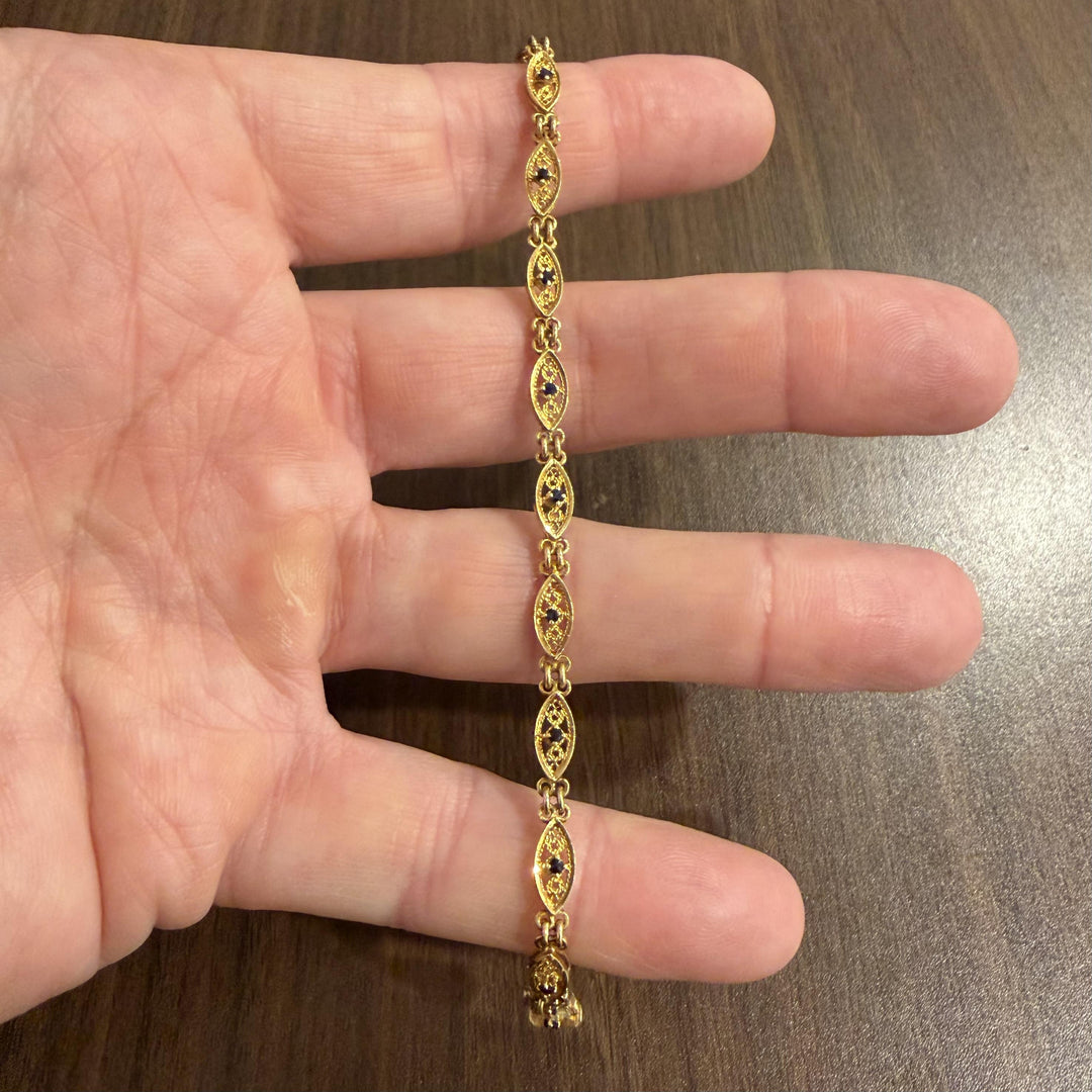 18k Yellow Gold and Sapphire 7.2g Vintage Filigree Fancy Link Bracelet 6.25"
