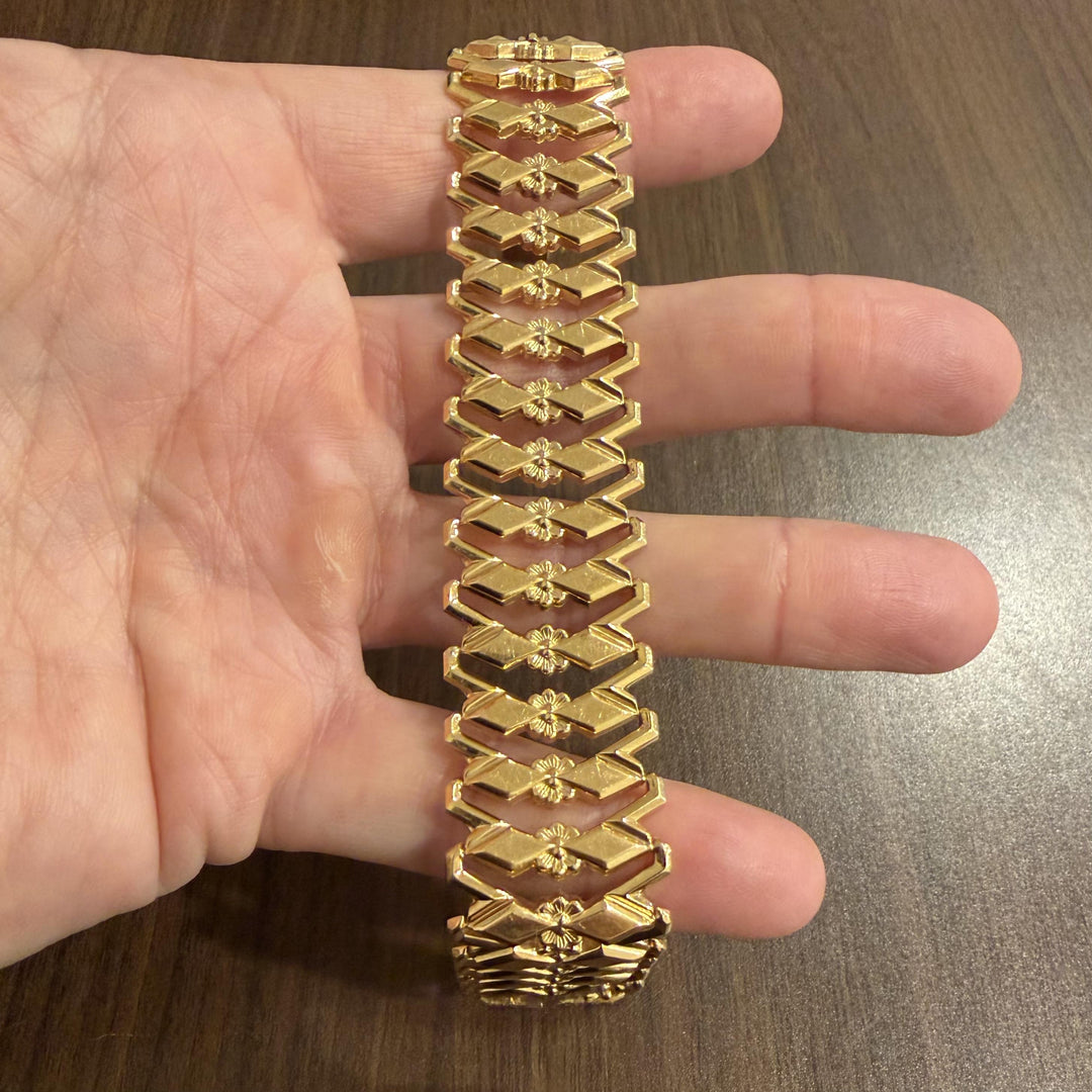 18k Yellow Gold 33g Heavy Vintage 25mm Floral Fancy Link Bracelet Italy 7.5"