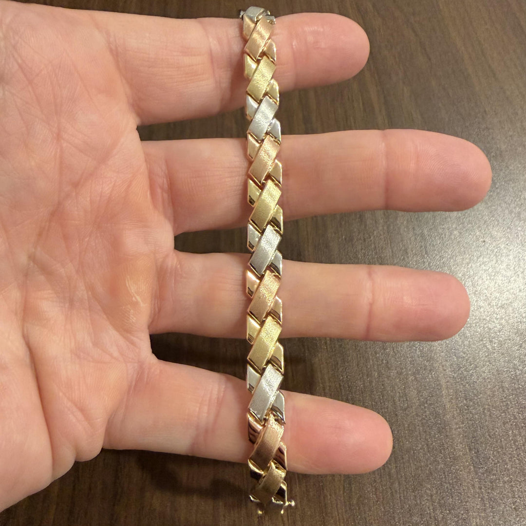 14k Tri Tone Gold 9.7g Brushed Finish 8mm Fancy X Link Bracelet Turkey 7"