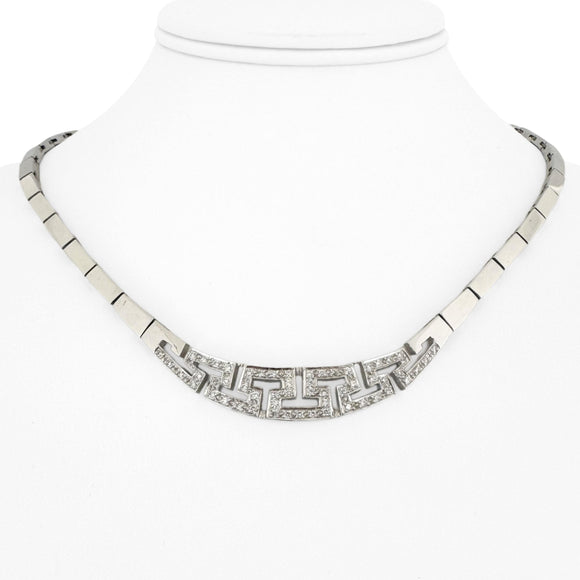 18k White Gold and Diamond 34g Greek Key Bar Link Necklace 17