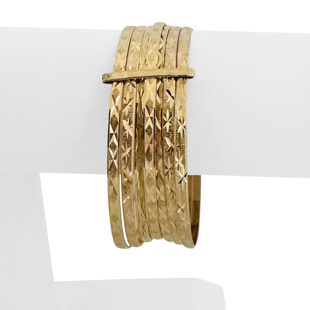 Set of Seven 14k Yellow Gold 33.6g Diamond Cut Connected Bangle Bracelets 7.5"