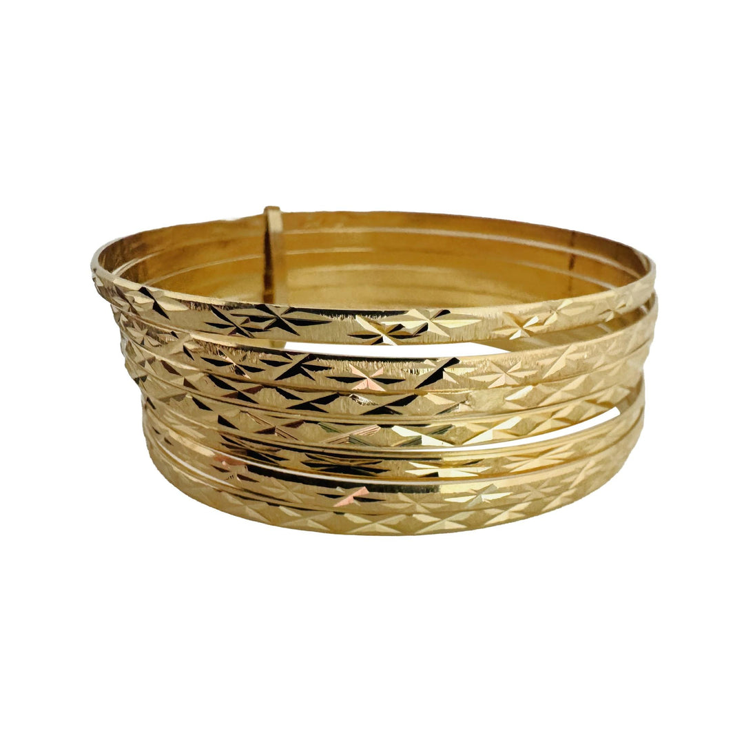 Set of Seven 14k Yellow Gold 33.6g Diamond Cut Connected Bangle Bracelets 7.5"