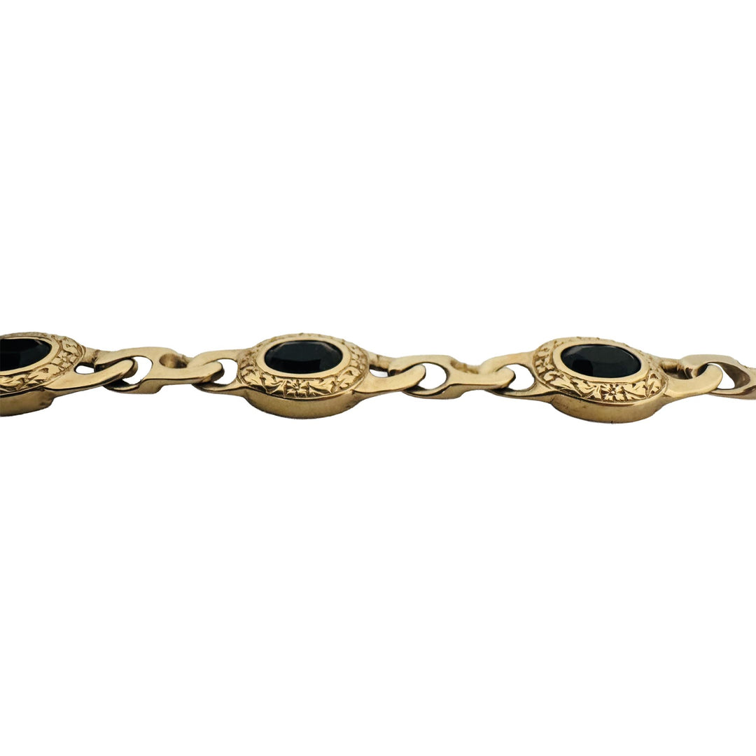 14k Yellow Gold and Onyx 17.8g Solid Curb Link Station Bracelet 7"