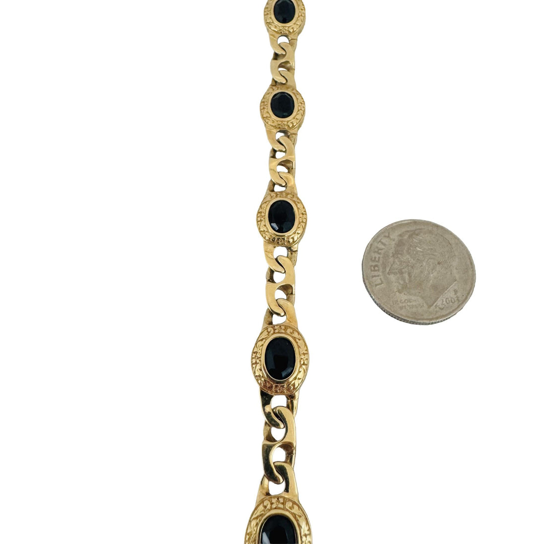 14k Yellow Gold and Onyx 17.8g Solid Curb Link Station Bracelet 7"