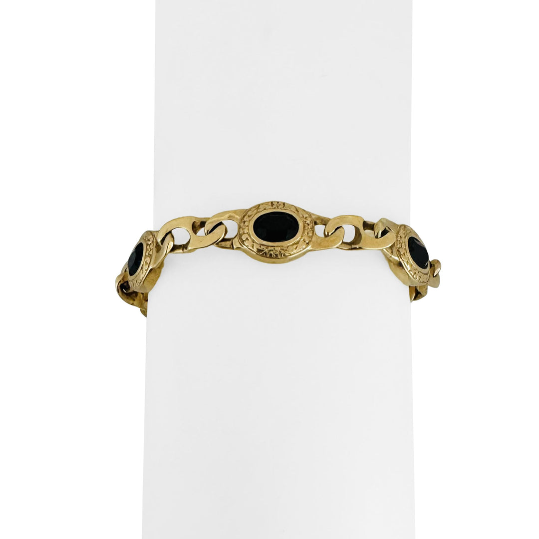 14k Yellow Gold and Onyx 17.8g Solid Curb Link Station Bracelet 7"