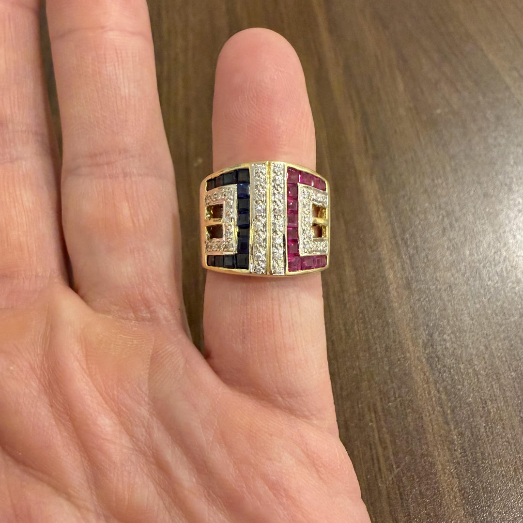 18k Yellow Gold Blue Sapphire Ruby and Diamond Band Ring Size 7.5