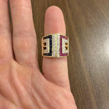 18k Yellow Gold Blue Sapphire Ruby and Diamond Band Ring Size 7.5
