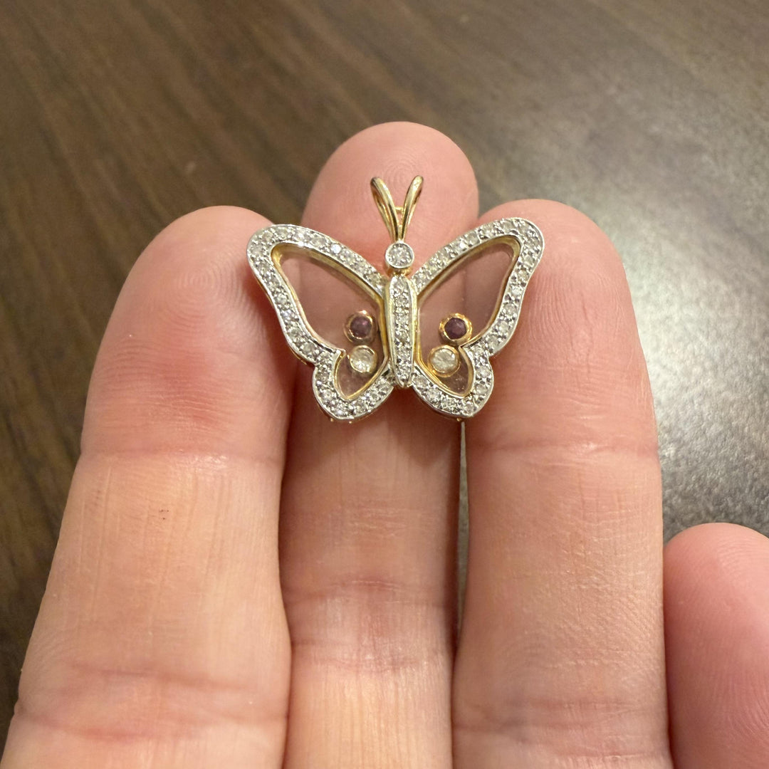 14k Yellow and White Gold Ruby and 0.50cttw Diamond Butterfly Pendant 1"