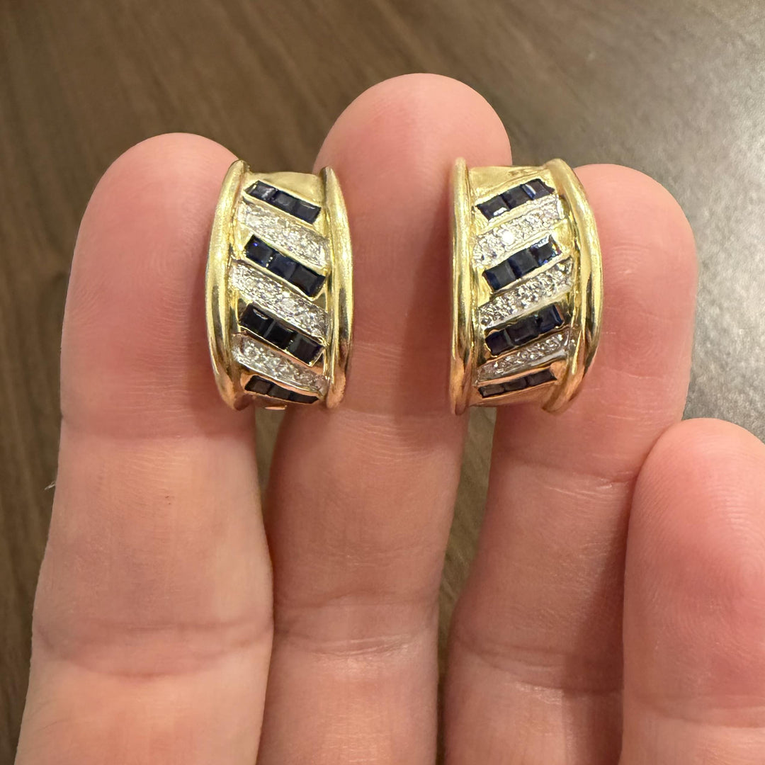 14k Yellow Gold Diamond and Sapphire Huggie Earrings