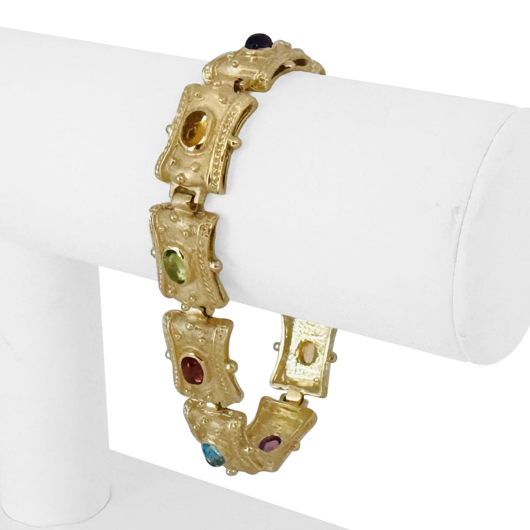 14k Yellow Gold 40.3g Multi Cabochon Gemstone Vintage Panel Link Bracelet 7.5"