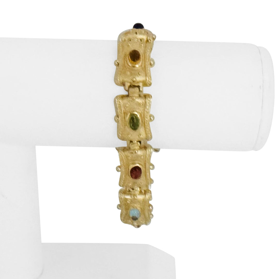 14k Yellow Gold 40.3g Multi Cabochon Gemstone Vintage Panel Link Bracelet 7.5"