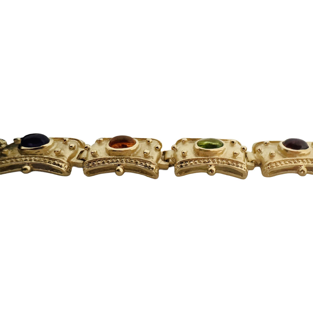 14k Yellow Gold 40.3g Multi Cabochon Gemstone Vintage Panel Link Bracelet 7.5"