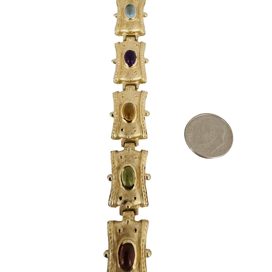 14k Yellow Gold 40.3g Multi Cabochon Gemstone Vintage Panel Link Bracelet 7.5"