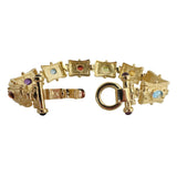 14k Yellow Gold 40.3g Multi Cabochon Gemstone Vintage Panel Link Bracelet 7.5"