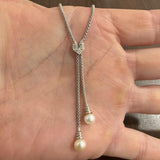 18k White Gold Pearl and Diamond Popcorn Link Lariat Necklace Italy 17.5"