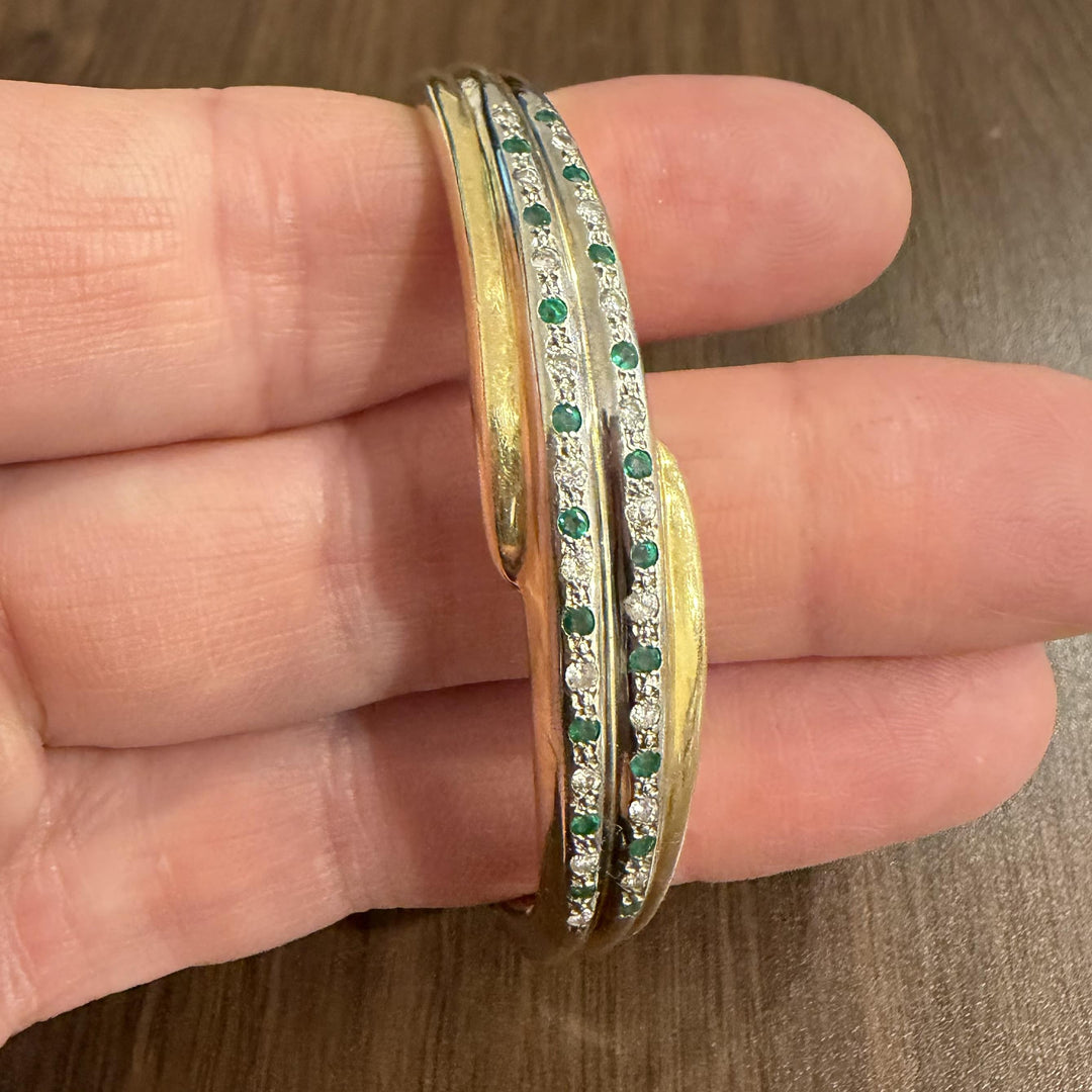 14k Yellow & White Gold 24.5g Heavy Diamond and Emerald Bangle Bracelet 6.5"