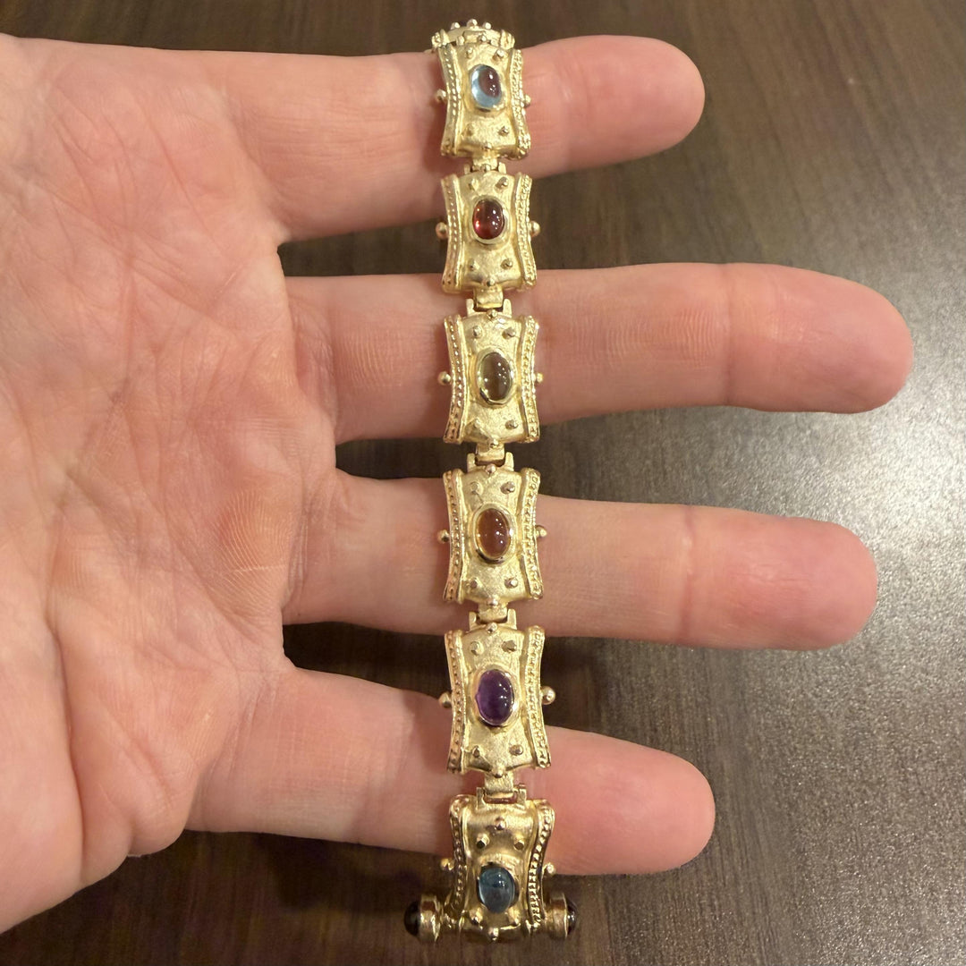14k Yellow Gold 40.3g Multi Cabochon Gemstone Vintage Panel Link Bracelet 7.5"