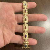14k Yellow Gold 40.3g Multi Cabochon Gemstone Vintage Panel Link Bracelet 7.5"