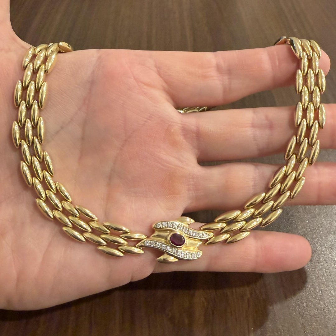 14k Yellow Gold 44.6g Ruby and Diamond Panther Link Necklace Italy 16"